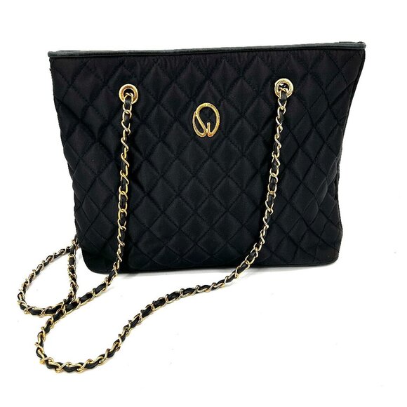 ST. JOHN Vintage Black Gold Tone Quilted Fabric Medium Shoulder Bag Purse - Picture 1 of 14